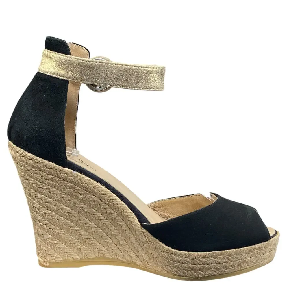 Toni Pons Caldes Black Gold Open Toe Espadrille Sandal Size 37 US 6.5 - Picture 4 of 12